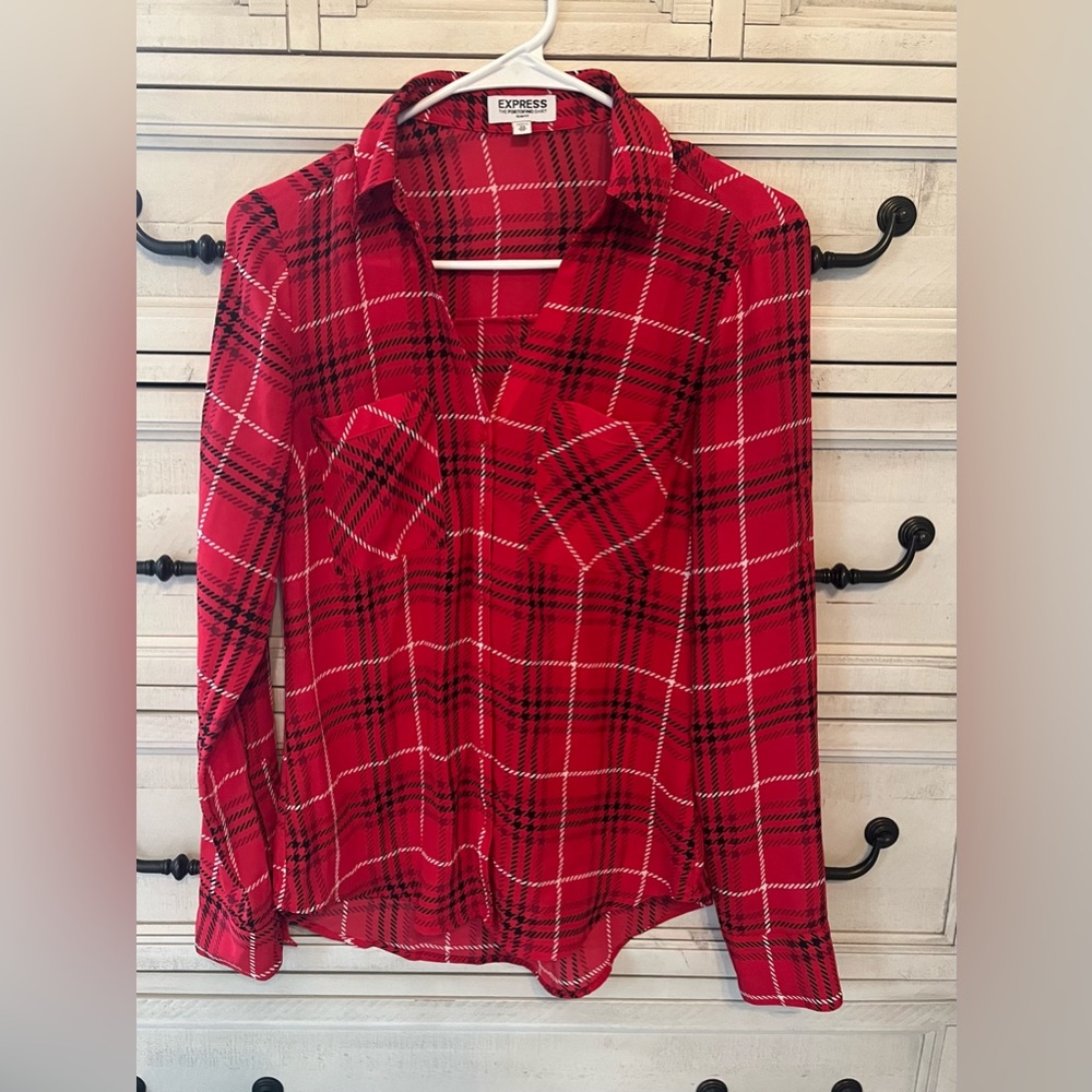 Express Red Plaid Portofino Button-Up Blouse